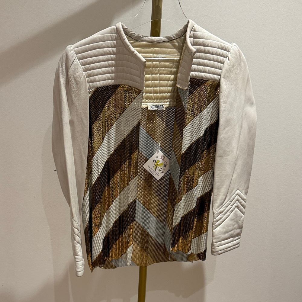 Super Special Vintage FERRARA White Leather Jacket with Metallic Metal Mesh